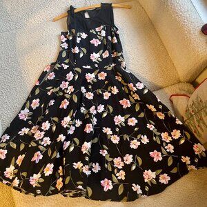 Black & Pink Floral Swing Dress in Small From Unique Vintage